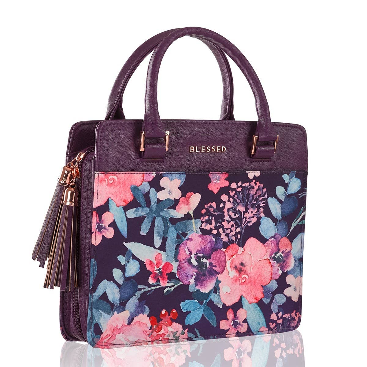 Bible Cover; Blessed Purple Floral (Faux Leather Purse-style)