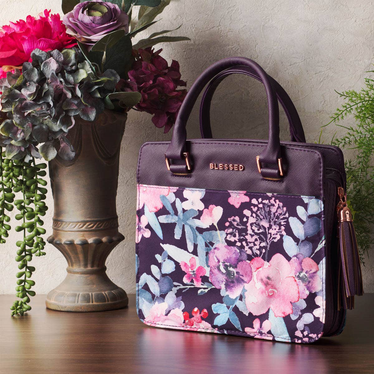 Bible Cover; Blessed Purple Floral (Faux Leather Purse-style)