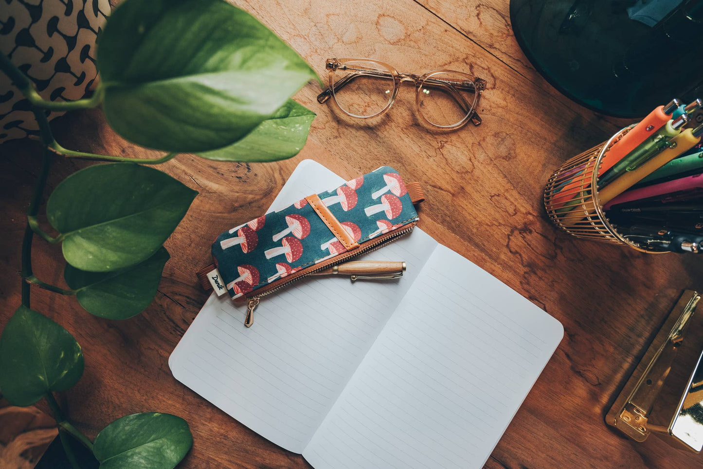 Notebook Pouch; Navy Mushroom (Embroidered, Vegan Leather)