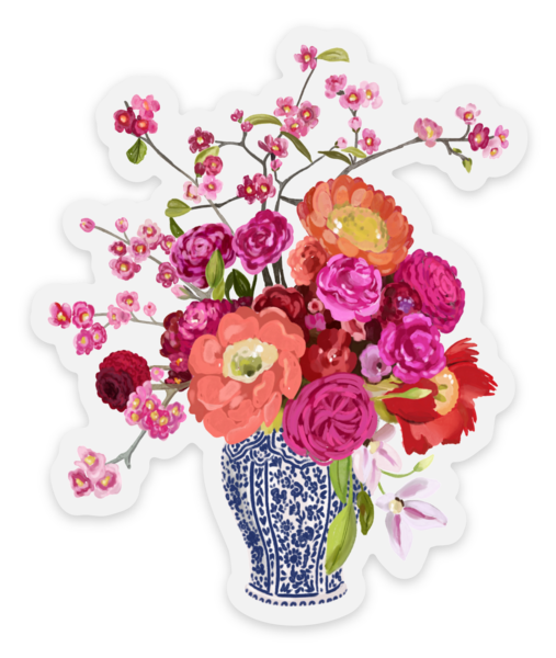 Vinyl Sticker; Clear Bouquet in Blue and White Vase