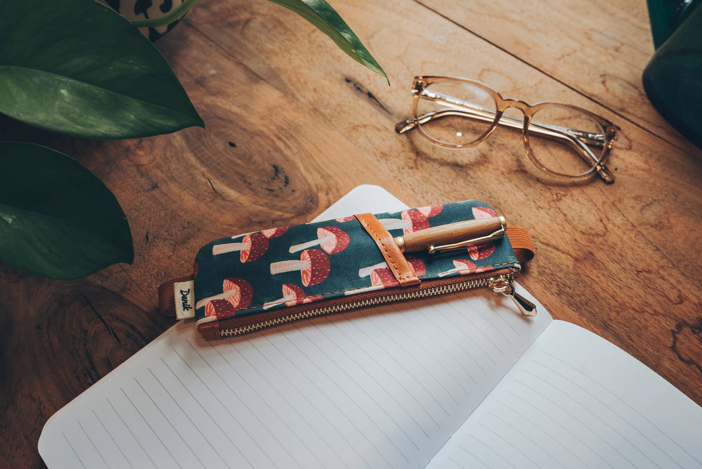 Notebook Pouch; Navy Mushroom (Embroidered, Vegan Leather)