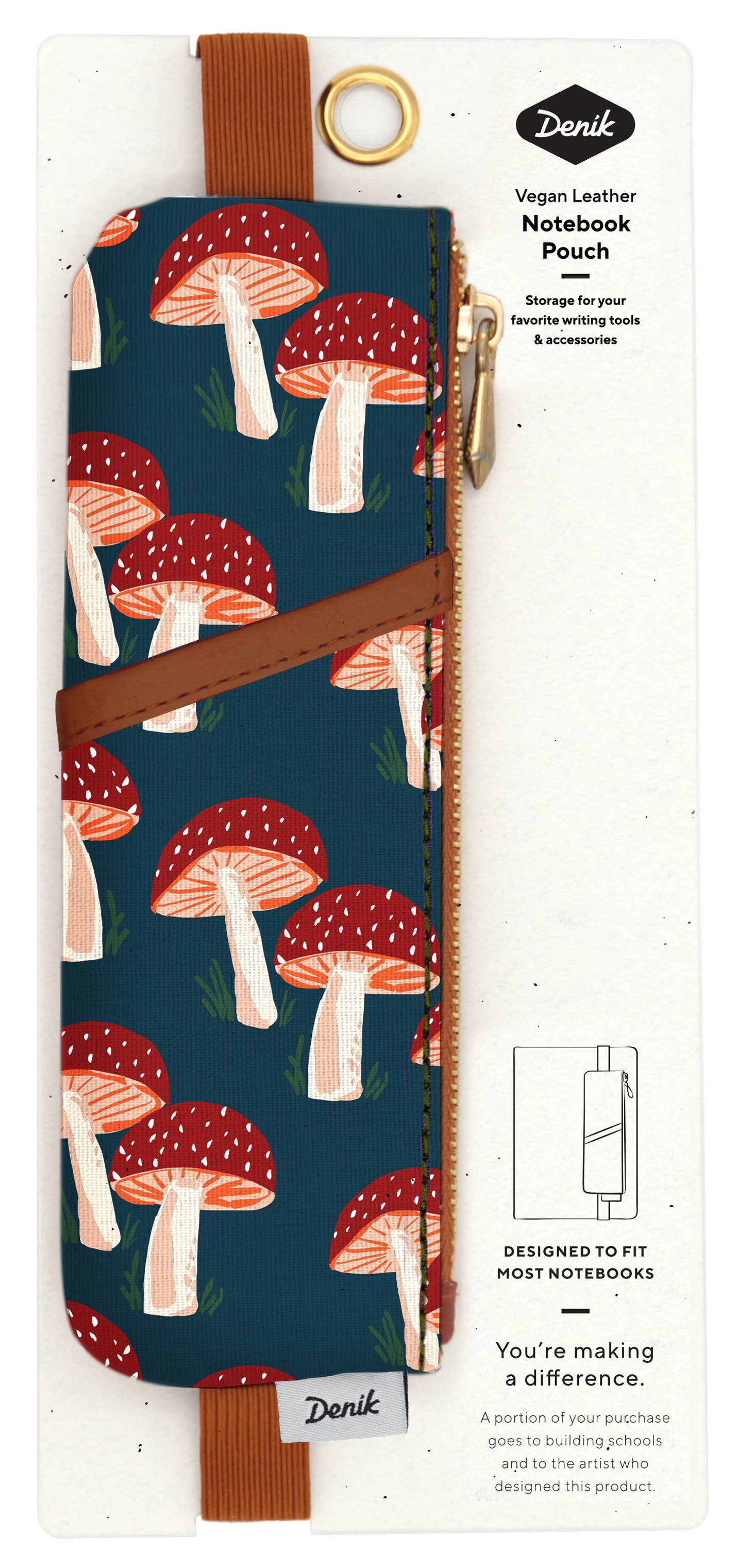 Notebook Pouch; Navy Mushroom (Embroidered, Vegan Leather)