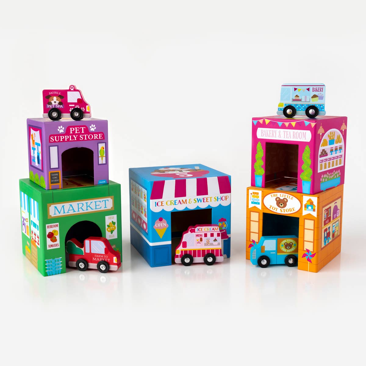 Ooly Stackables Nested Cardboard Toys and Cars Set: Rainbow Town (5 Stackable boxes & 5 Wooden Vehicles)