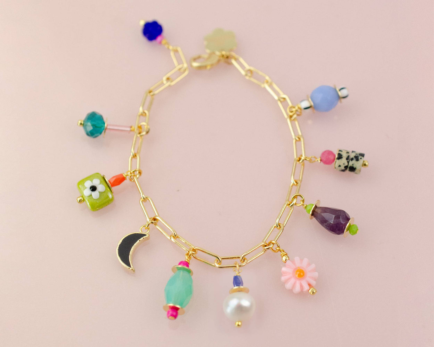 Bracelet; Vienna Pearl Charm (Colorful, Gold) By Jill Makes