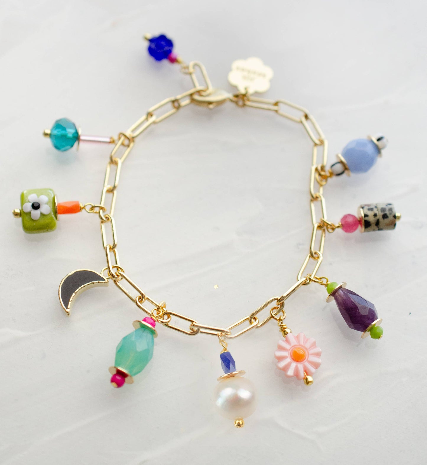 Bracelet; Vienna Pearl Charm (Colorful, Gold) By Jill Makes