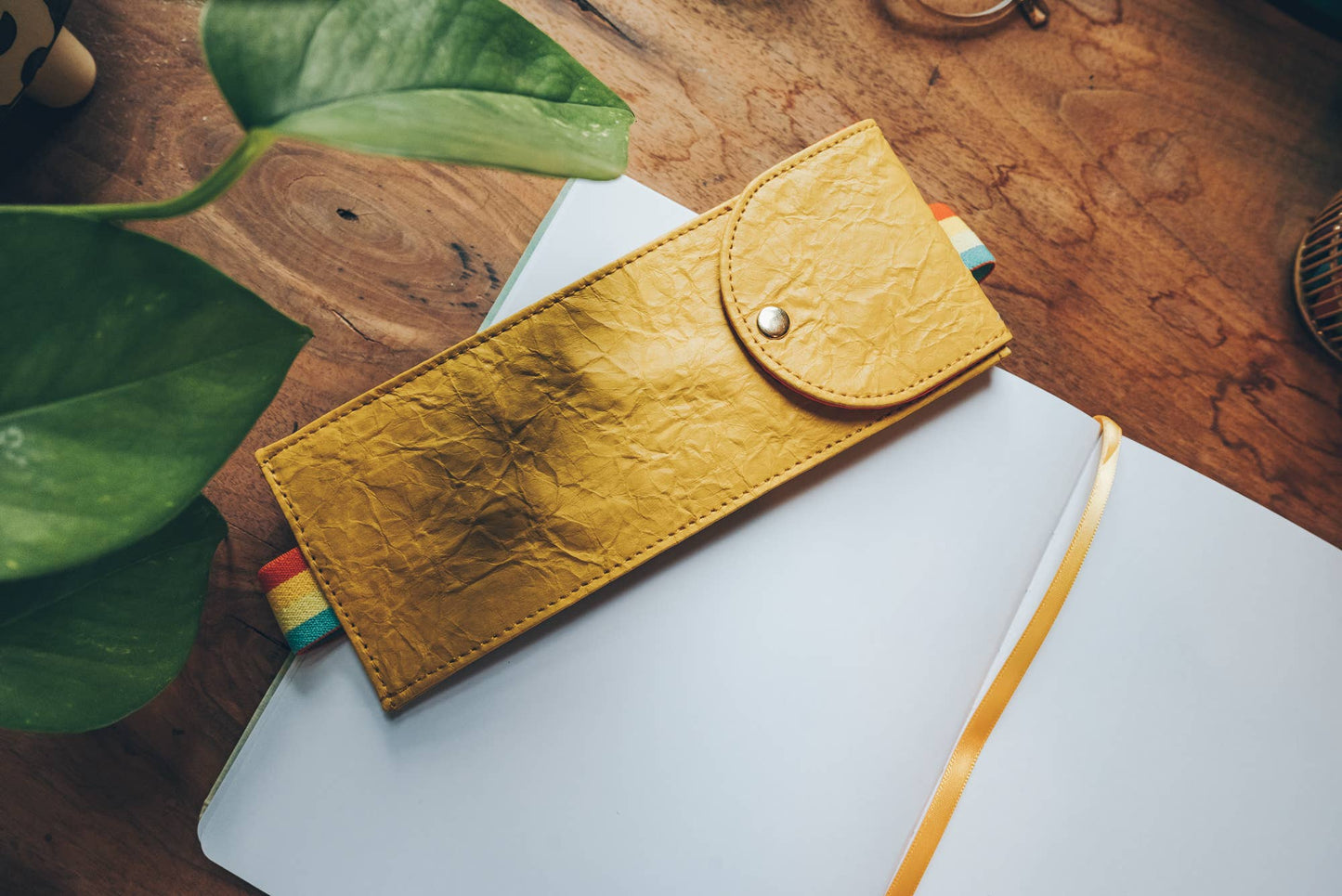 Notebook Pouch; Yellow Crinkle (Embroidered, Vegan Leather)