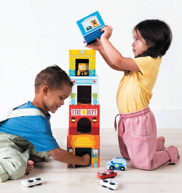 Ooly Stackables Nested Cardboard Toys and Cars Set: Rainbow Town (5 Stackable boxes & 5 Wooden Vehicles)