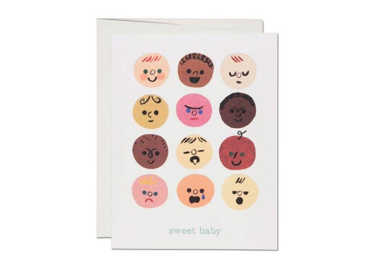 A2 baby card featuring 12 different babies with cute expressions and the words sweet baby below in light green.