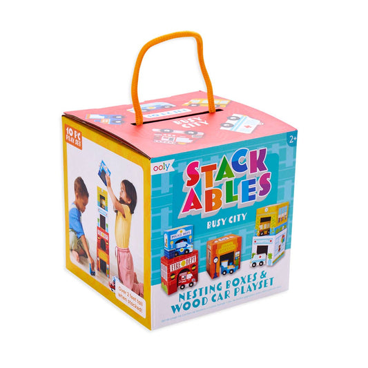 Stackables Nested Cardboard Toys and Cars Set: Busy City; 5 Stackable boxes & 5 Wooden Vehicles
