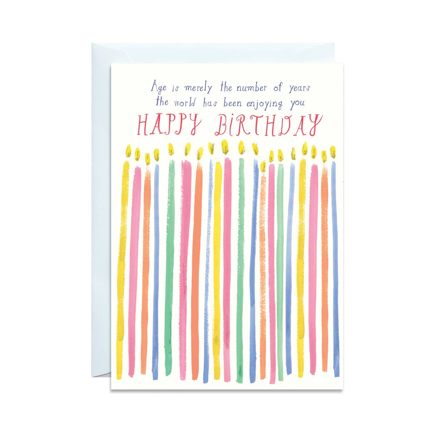 A white birthday card with colorful candles across the front. Above the candles reads,"Age is merely the number of years the world has been enjoying you."
