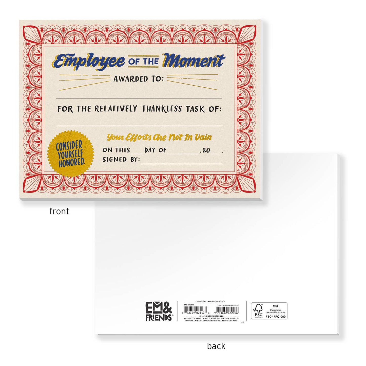 Certificate Notepad; Employee of the Moment