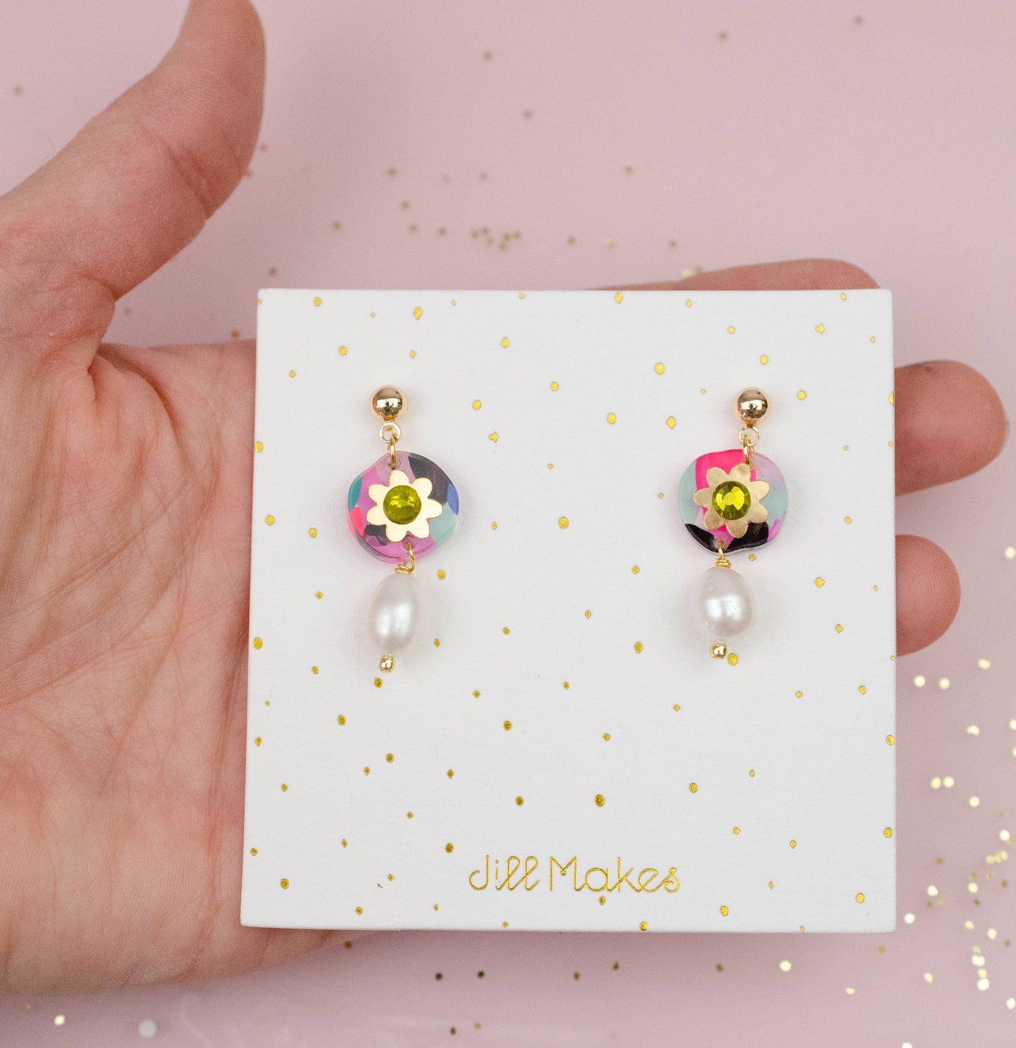 Earrings; Pearl Drop Rhinestone (Hand-painted, Gold) By Jill Makes
