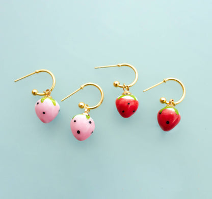 Earrings; Strawberry Hoop: Pink (Gold) By Jill Makes