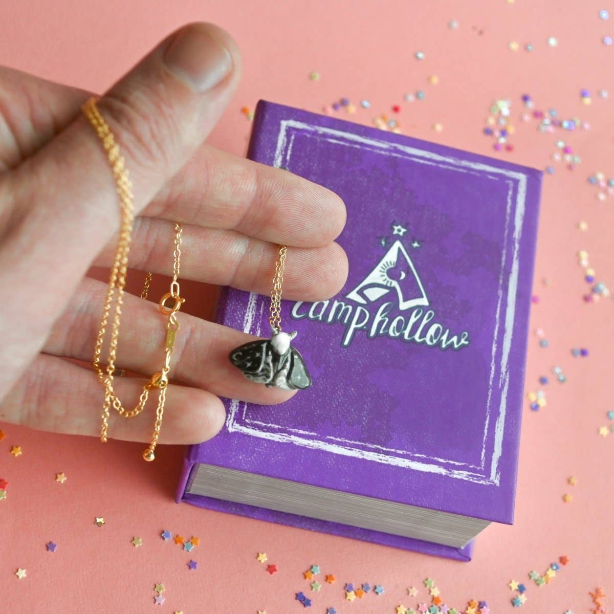 Necklace; Dream Moth By Camp Hollow (Hand-Painted Porcelain, 24k Gold Steel Chain)