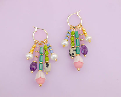 Earrings; Pastel Charm Dangle By Jill Makes (Gold, Handmade)
