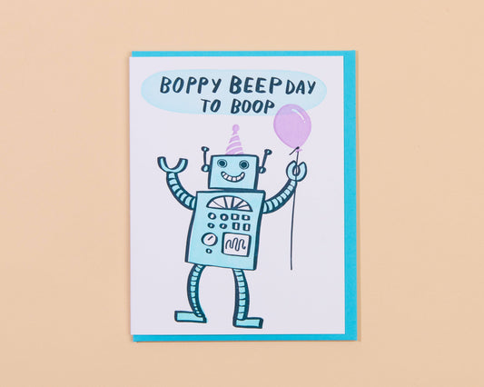 Birthday Card; Robot (Kids Bday, Letterpress)
