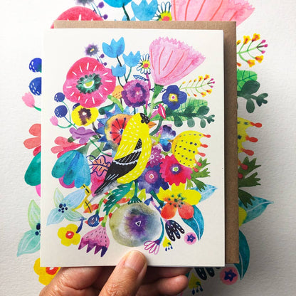 Greeting Card; Goldfinch & Flowers