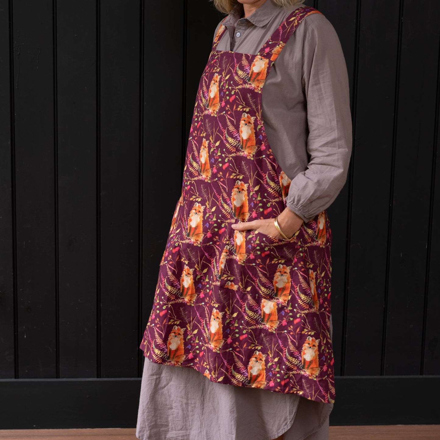 Smock Apron; Fox in plum
