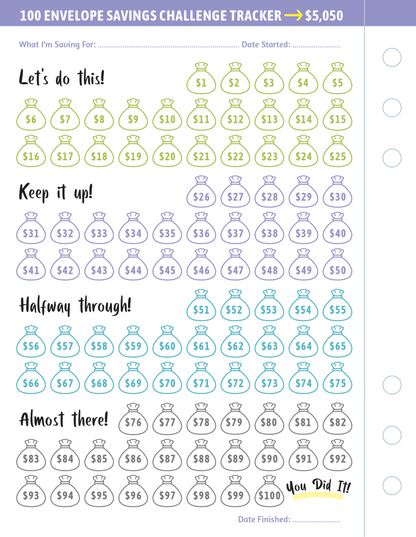 My 100 Envelope Savings Challenge Binder
