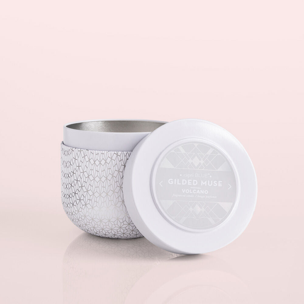 Volcano Candle;  White Opal Gilded Tin, 12.5 oz