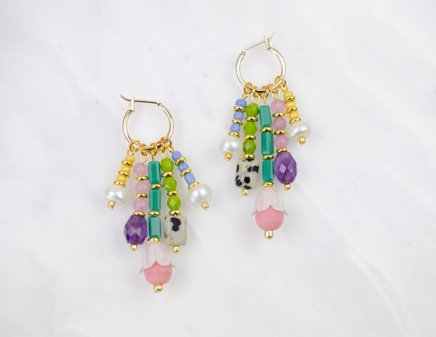 Earrings; Pastel Charm Dangle By Jill Makes (Gold, Handmade)