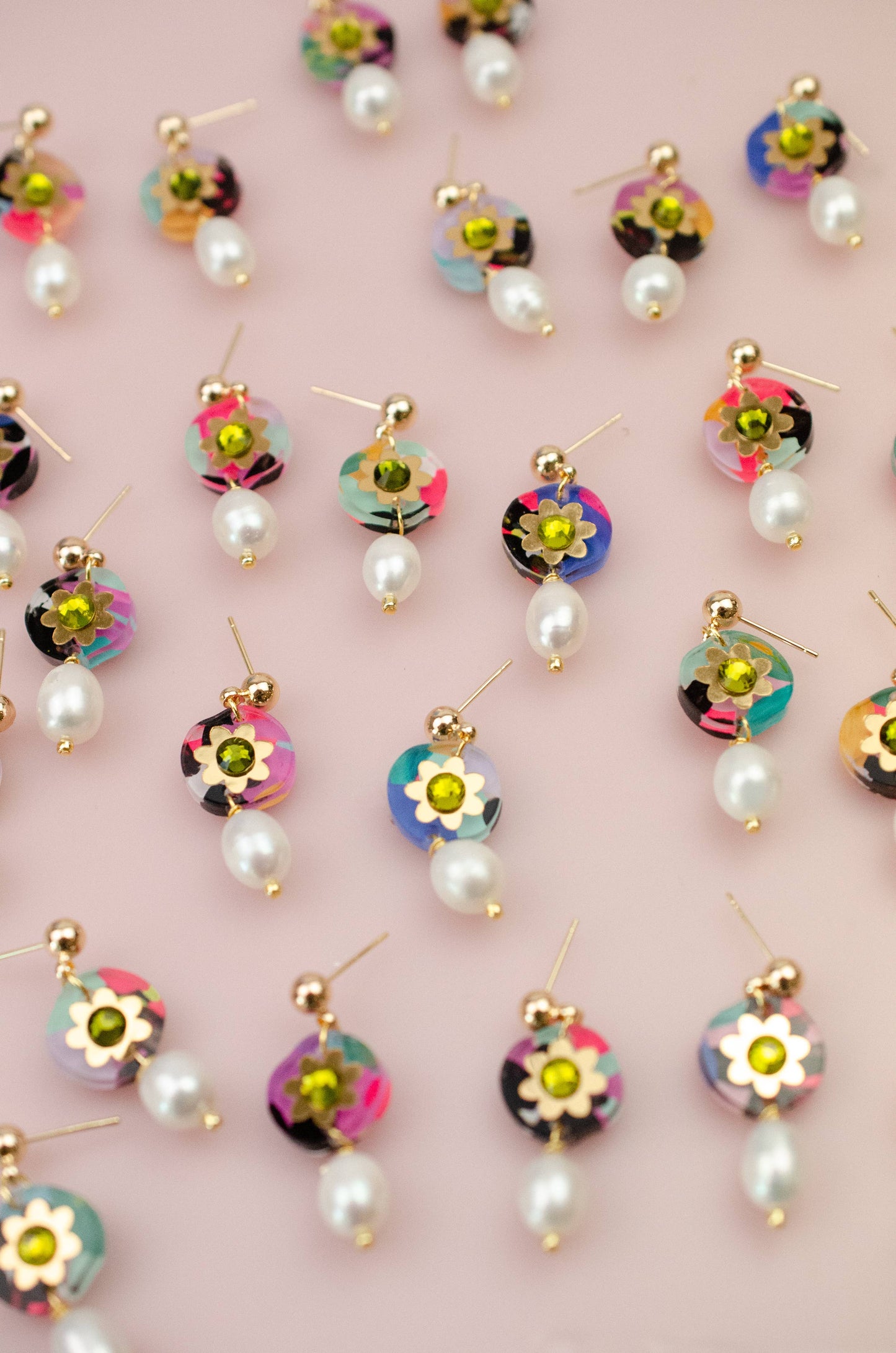 Earrings; Pearl Drop Rhinestone (Hand-painted, Gold) By Jill Makes