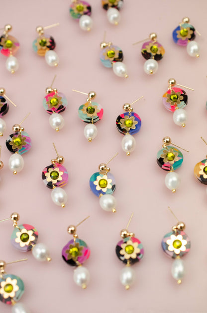 Earrings; Pearl Drop Rhinestone (Hand-painted, Gold) By Jill Makes