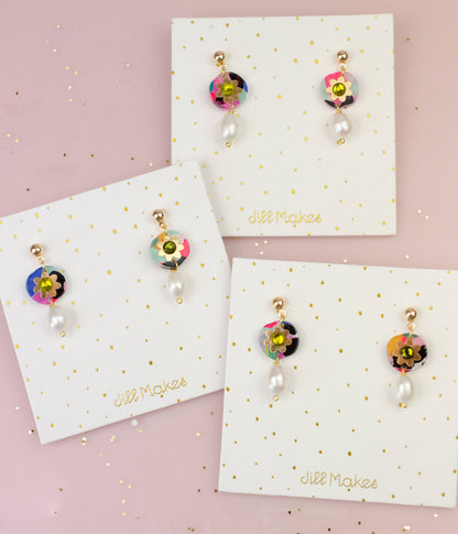 Earrings; Pearl Drop Rhinestone (Hand-painted, Gold) By Jill Makes