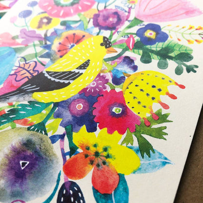 Greeting Card; Goldfinch & Flowers