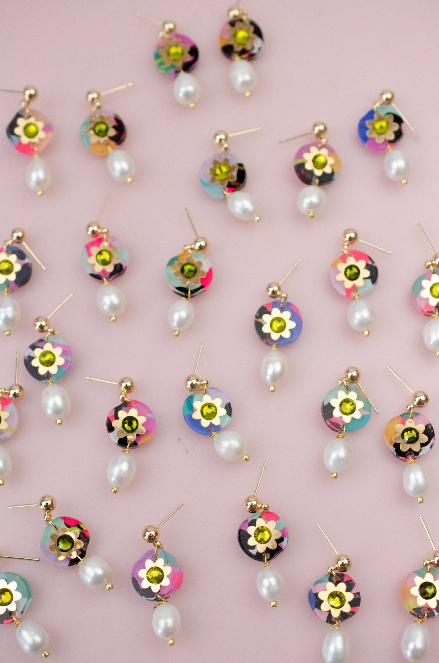 Earrings; Pearl Drop Rhinestone (Hand-painted, Gold) By Jill Makes