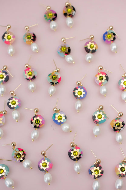 Earrings; Pearl Drop Rhinestone (Hand-painted, Gold) By Jill Makes