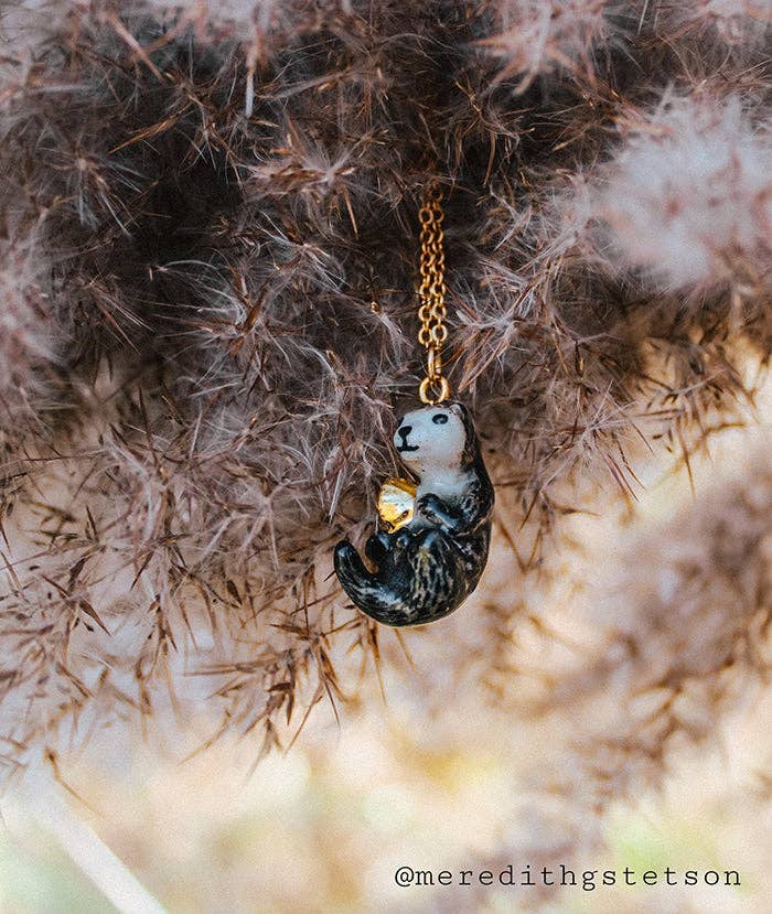 Necklace; River Otter By Camp Hollow (24K Gold Steel Chain, Hand-Painted Porcelain)