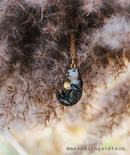 Necklace; River Otter By Camp Hollow (24K Gold Steel Chain, Hand-Painted Porcelain)