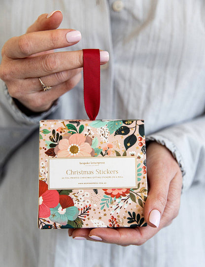 Christmas Stickers On A Roll; Floral Fields (40 Pack, Gold Foil)