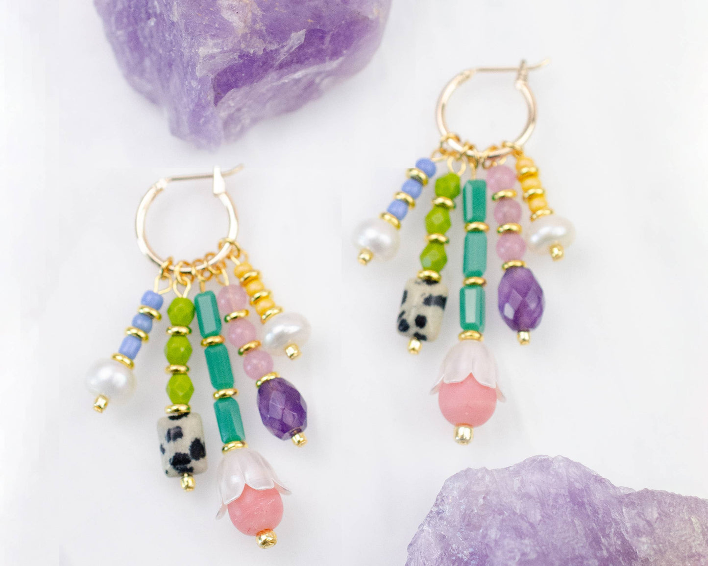 Earrings; Pastel Charm Dangle By Jill Makes (Gold, Handmade)