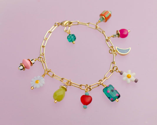 Bracelet; Ladybird Flower Charm (Colorful, Gold) By Jill Makes