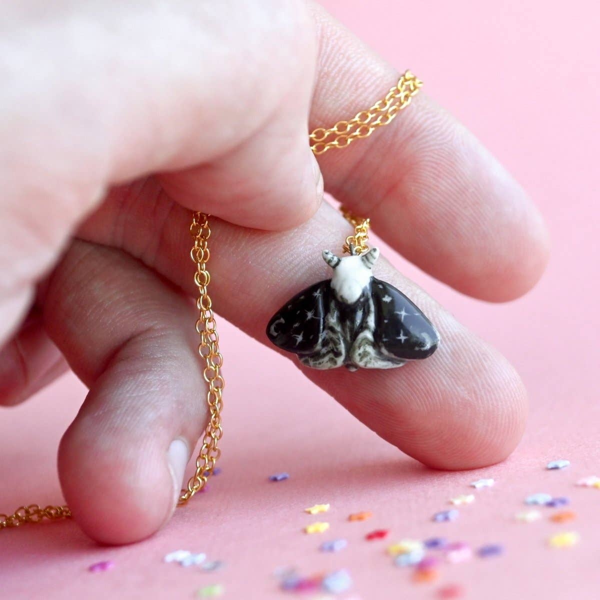 Necklace; Dream Moth By Camp Hollow (Hand-Painted Porcelain, 24k Gold Steel Chain)