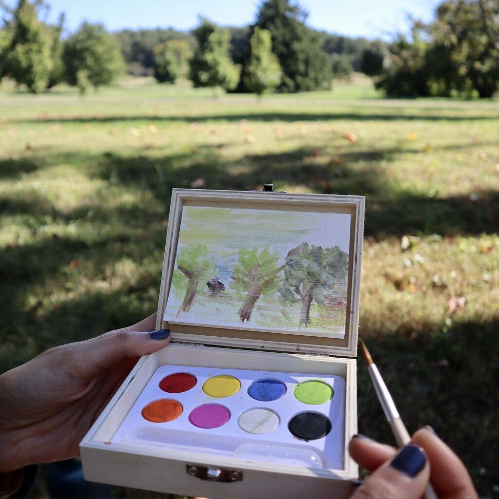 Watercolor Paint Set; Paint Your Own Landscape (Wooden, On-The-Go Mini Watercolor Paint Set)
