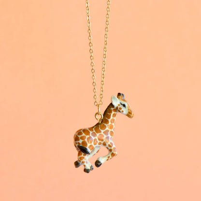 Necklace; Baby Giraffe By Camp Hollow (Hand-Painted Porcelain, 24k Gold Steel Chain)