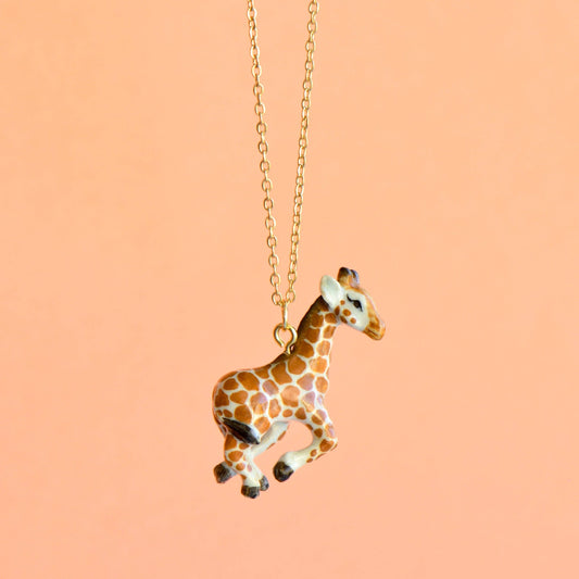 Necklace; Baby Giraffe By Camp Hollow (Hand-Painted Porcelain, 24k Gold Steel Chain)
