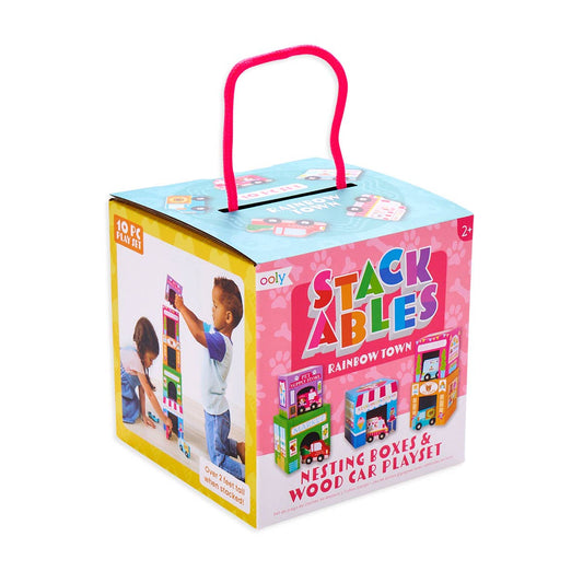 Ooly Stackables Nested Cardboard Toys and Cars Set: Rainbow Town (5 Stackable boxes & 5 Wooden Vehicles)