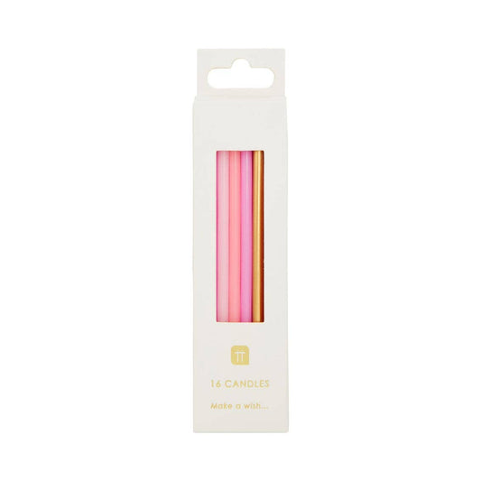 Birthday Candles; Rose Pink & Gold (16 Candles)
